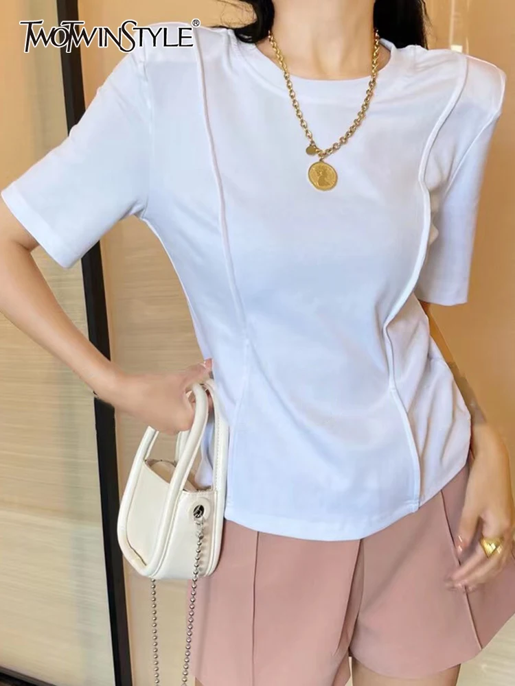 

TWOTWINSTYLE Solid Minimalist T Shirt For Women Round Neck Short Sleeve Casual T Shirts Female Summer Clothing Style New 2022