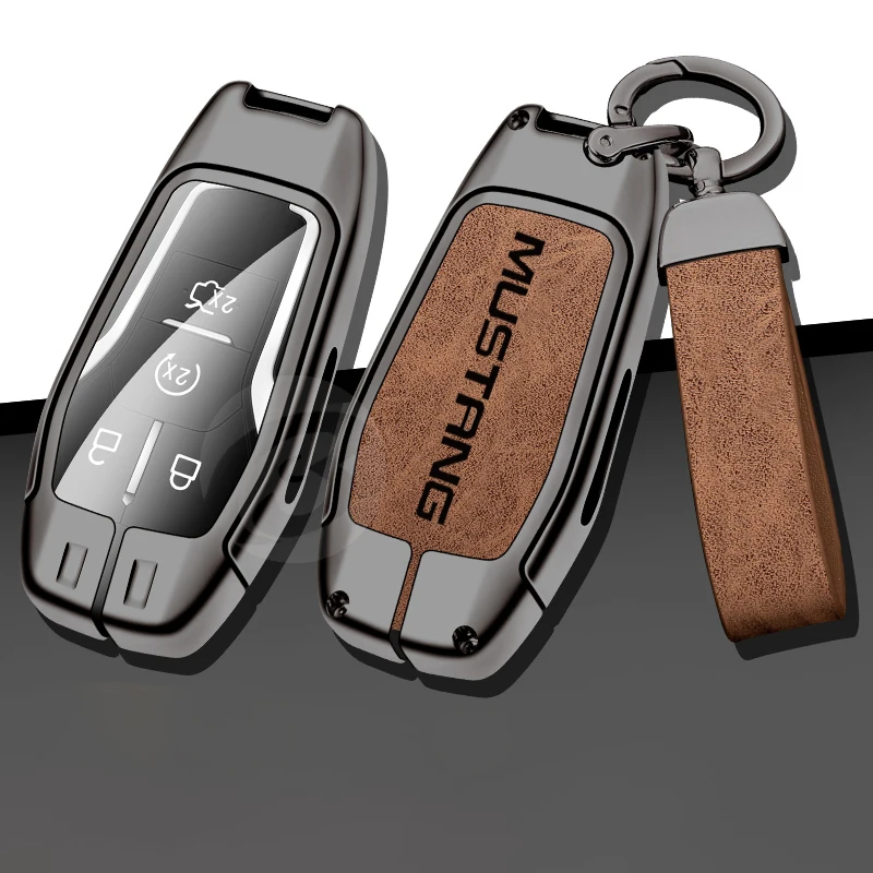 

New Leather Zinc Alloy Car Key Case Cover For Ford Mustang Logo Protector Keychain Keyring Interior Accessories