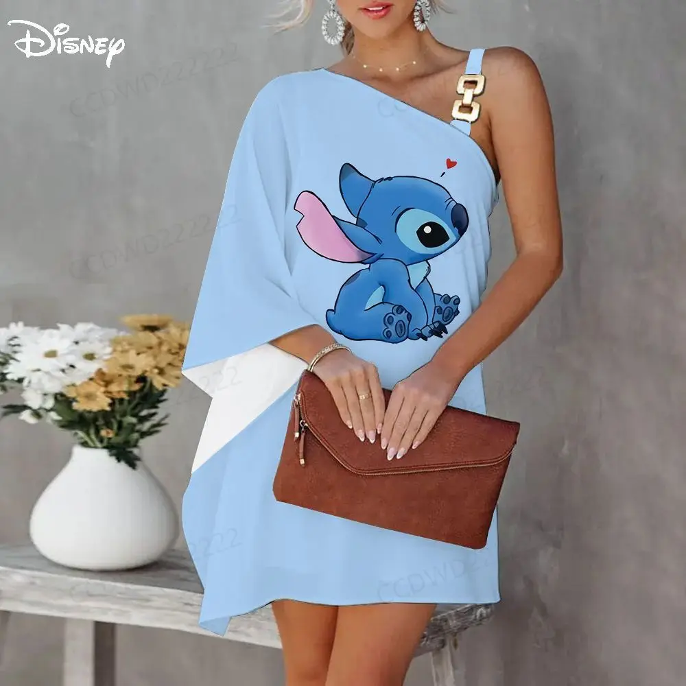 Lilo & Stitch Elegant Dresses for Women Diagonal Collar Dress Album Disney One-Shoulder Party 2023 Evening Summer Woman Trendy