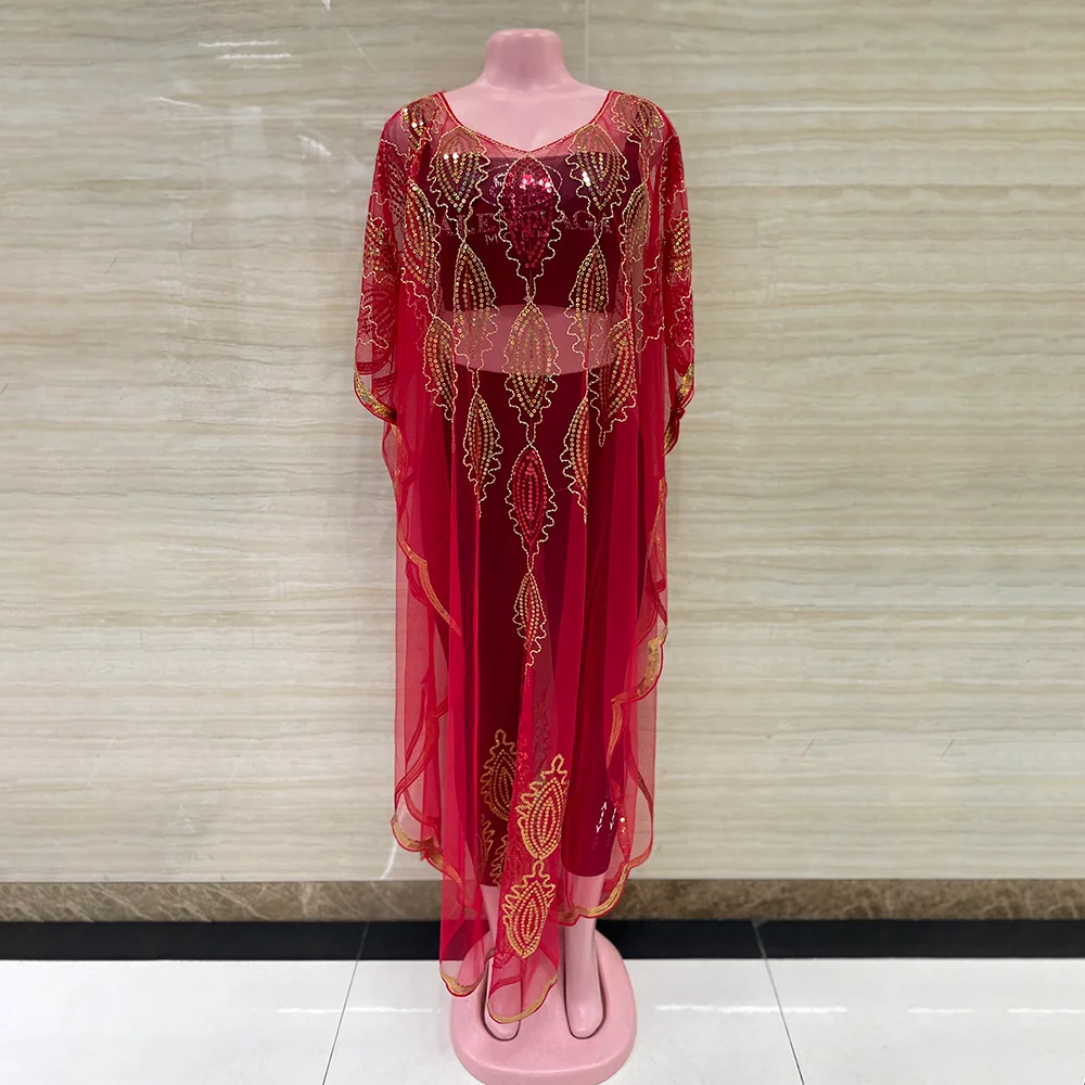 Summer 2022 New African Women's Fashion Gown Chiffon Batwing Sleeve Sequins And Fringes Loose, Versatile Dress With Free Size