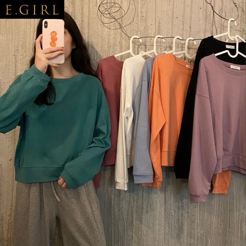 T-shirts Women Loose Minimalist Long Sleeve Spring Students Solid All-match Basic Leisure Ulzzang Teens 7 Colors Tops Femme Ins