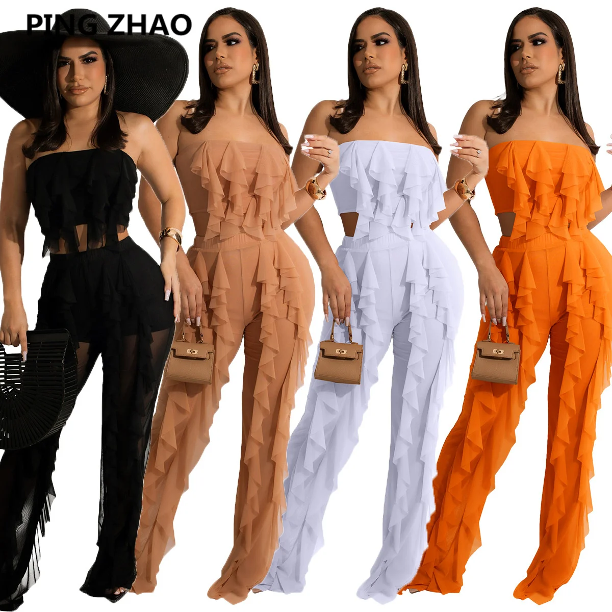

PING ZHAO Mesh See Though Beach Sexy Women Set Strapless Crop Tops and Ruffles Pants Set Tracksuit Two Piece Set Outfit