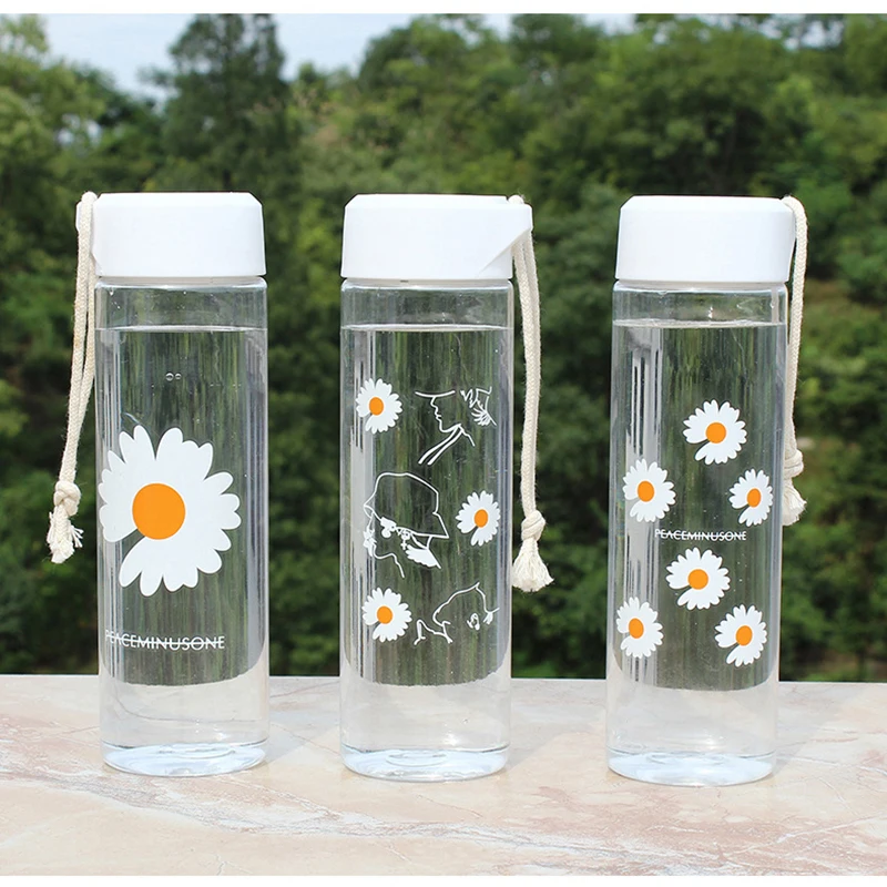 

500ml Water Bottles Daisy Plastic Transparent Bottle BPA Free Outdoor Sports Water Cup Water Mug Student Portable Mug with Rope