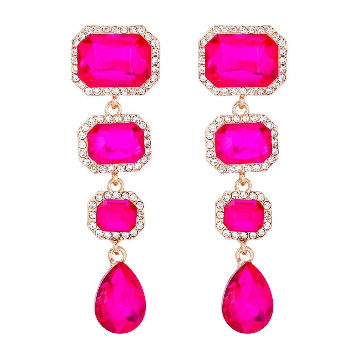 

JURAN Luxury Multilayer Pink Crystal Drop Earrings for Women Temperament Banquet Party Accessories Statement Jewelry Wholesale