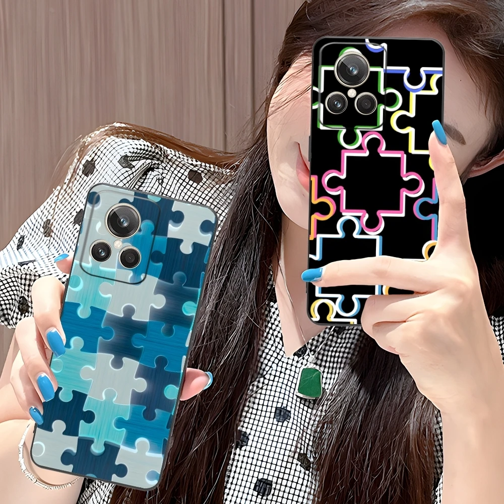 Puzzle Pretty Fashion Mobile Cell Phone Case for Realme GT 2 9i 8i 7i Pro X50 X2 C35 C21 C20 C11 C3 Black Soft Cover Shell
