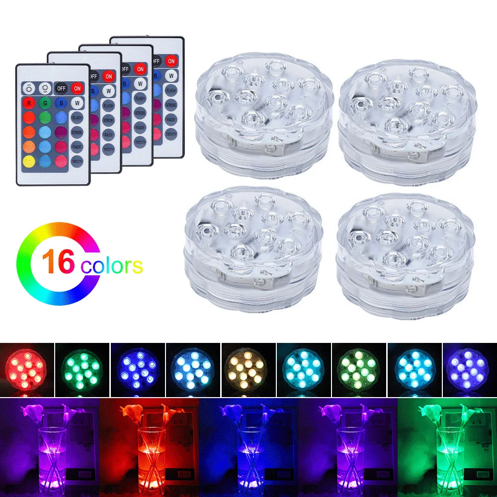 

RGB 16 Colors IP68 Waterproof Submersible Light 10 Leds Decorative Lamp &24 Key Remote Controller for Pond,Vase,