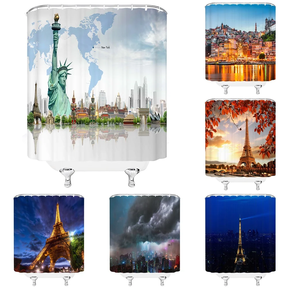 

Vintage Eiffel Tower Shower Curtain Statue Of Liberty City Scenery Building World Map Cloth Fabric Bathroom Decor Set with Hooks