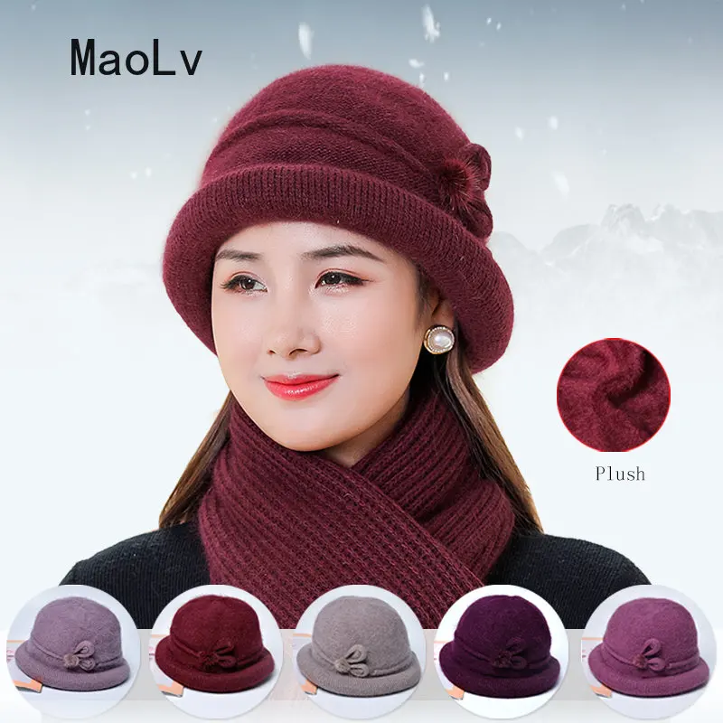 High Quality Winter Hat  Women Soft Rabbit Wool Blend Knitted Hat Female Thick Warm Knitted Baggy Headwear Cap Bonnet Mom Gift