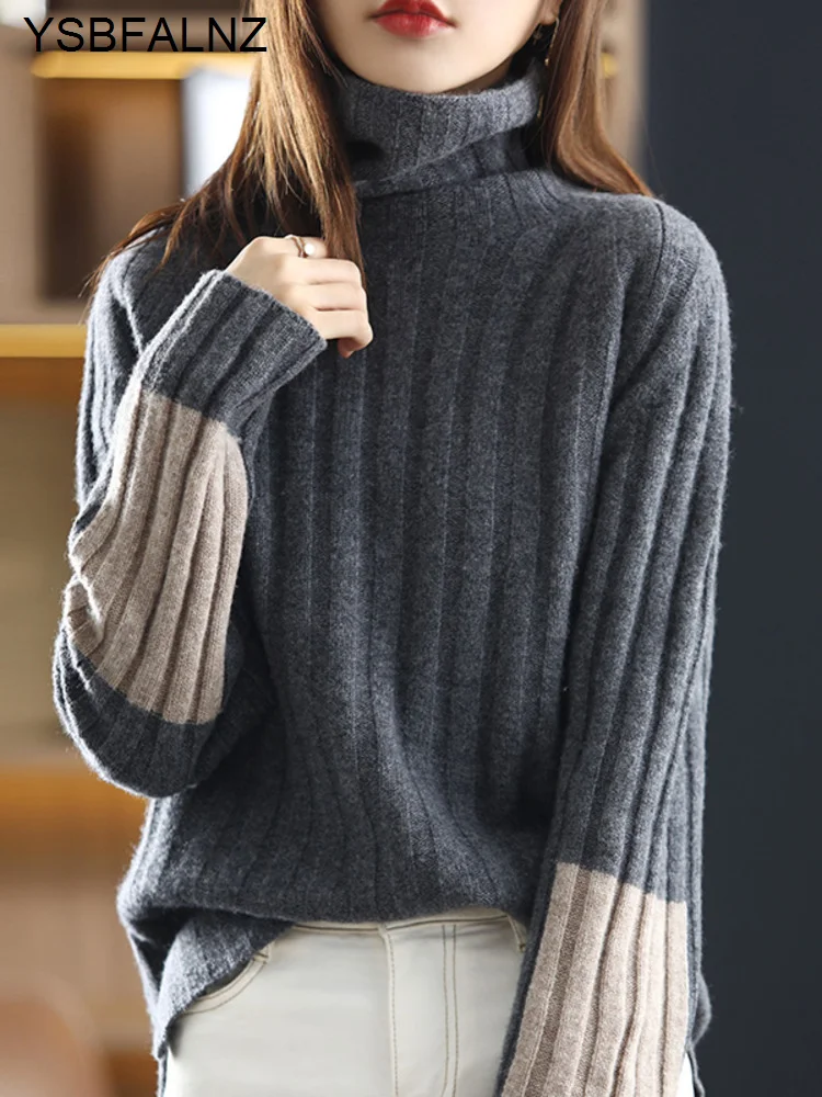 

Korean Sweater High-neck Women's Autumn And Winter 2022 New Fashion Color Matching Pit Strip Casual Thickened Bottoming Sweater