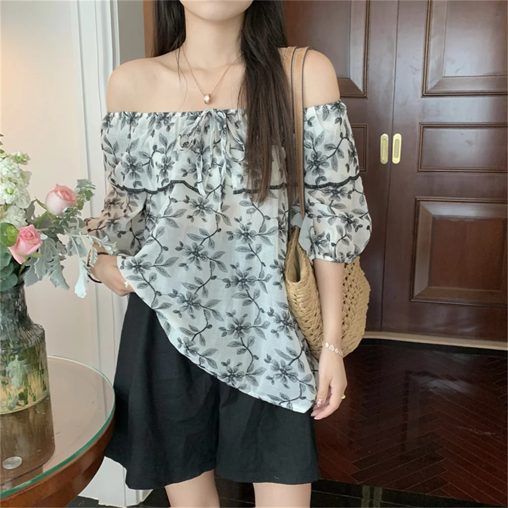 

HziriP Slash Neck Flowers Blouses Women Summer Girls Sexy Holiday 2022 Fashion Casual Vintage Sweet OL Loose Florals Blusas