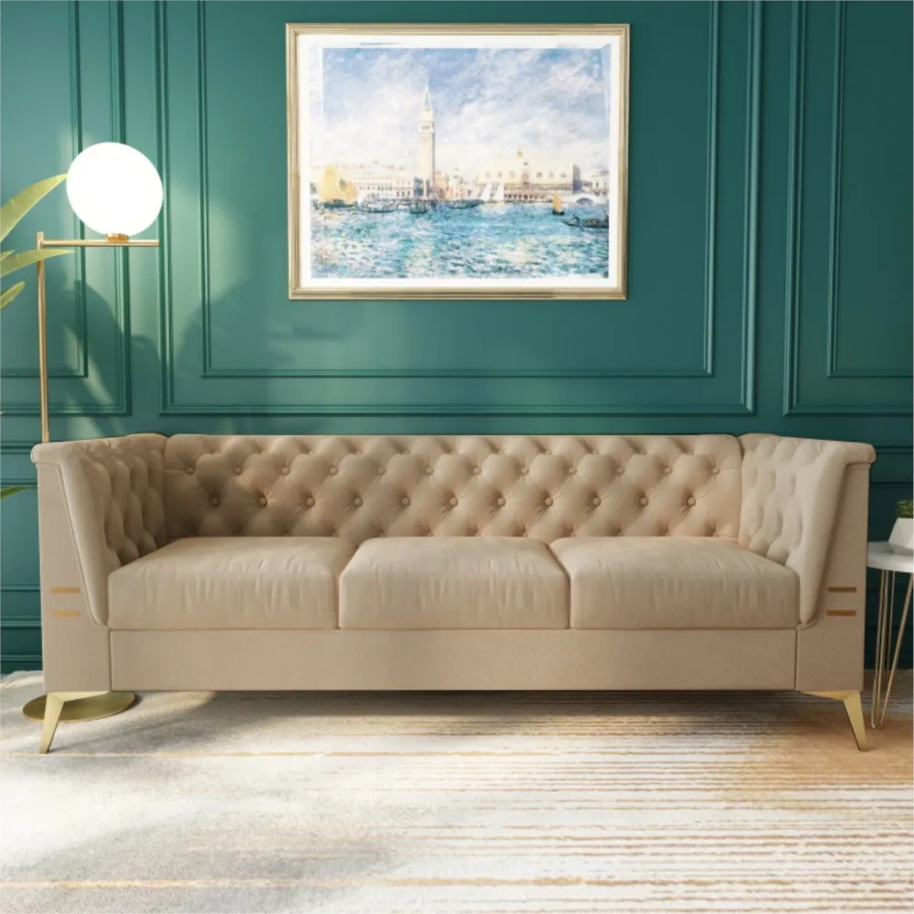 

With Golden Metal Feet For Living Room 83 Inch Button Tufted Chesterfield Sofa Sectional Sofa Velvet Upholstered 3 Seater Couch