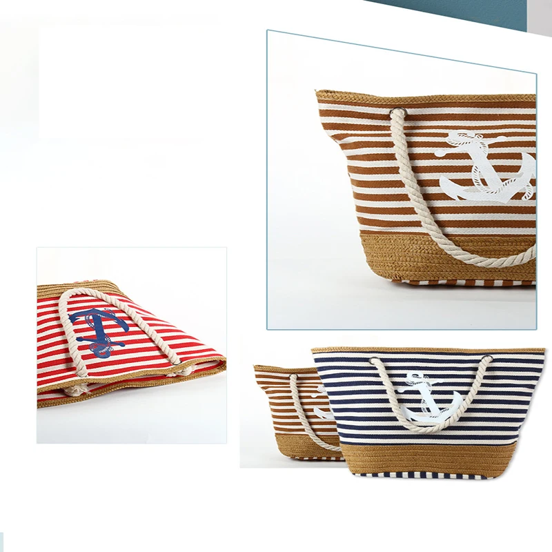 Women's Shoulder Canvas Bag Large-capacity Creative Horizontal Striped Printing Fringed Zipper with Rope Strap Handle Handbag