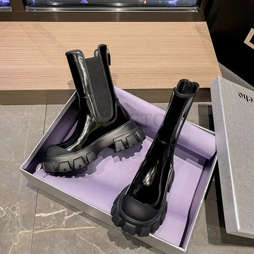 New Luxury Chelsea Boots Women Ankle Boots Chunky Winter Shoes Platform Ankle Boots Slip on Chunky Heel Boot Brand Designer