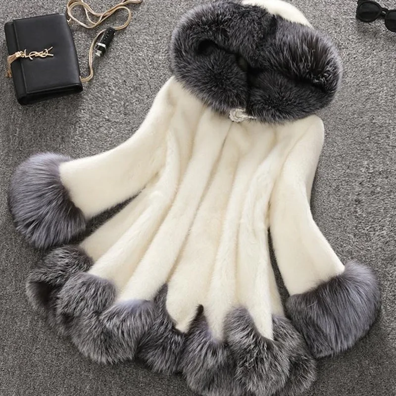 winter coat women Velvet mink fur coat women whole mink hooded mid-length faux fur coat