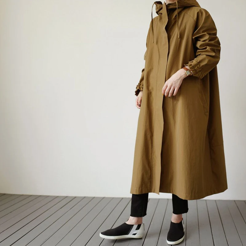 

Женский свободный Тренч с капюшоном Johnature, однотонный простой Тренч в Корейском стиле, на молнии, с карманами, универсальный, Повседневный, осенний сезон 2023