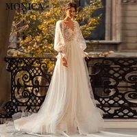 monica elegant wedding dresses puff sleeves bridal wed dress lace tulle appliques a line backless robe de mariee boheme pas 2022