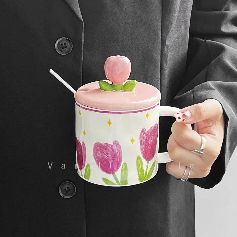 

350ML Ins Cute Tulip Water Ceramic Cup with Lid Mug with Spoon Girls Gift Office Milk Tea Coffee Cup Set