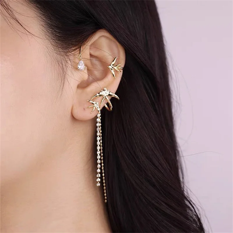 

Elegant Shining Zircon Rhinestone Long Tassel Ear Clip Ear Cuff Exquisite Vintage Clip Earrings Wedding Party Jewelry for Women
