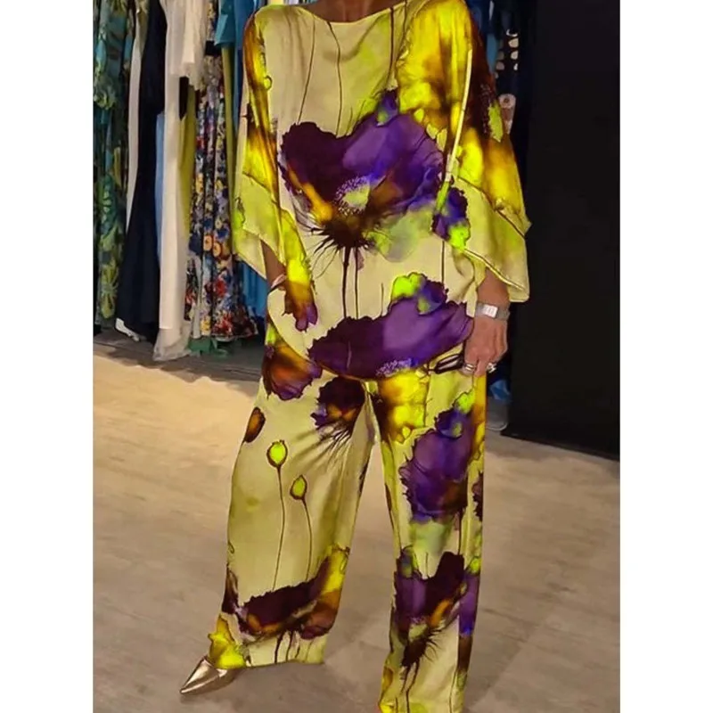 Летние модные атласные комплекты из двух предметов с принтом женский