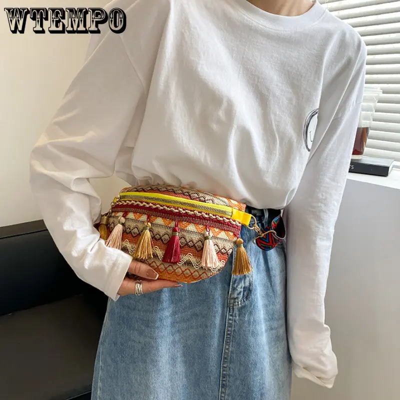 Folk Style Woven Messenger Bag Women's Tassel Waist Bag Retro Leather Shoulder Bag Xinkan Ladies Shoulder Bag Fashion Trend New