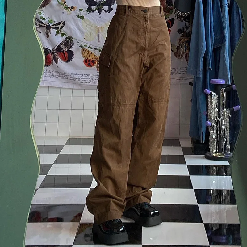 

Women's Retro Workwear Style Multi-pocket Loose Woven Pants Thin High Waist Brown Wide Leg Pants