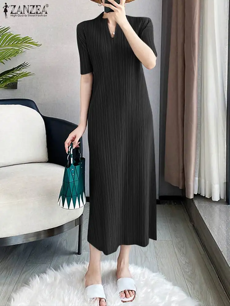 

Женский Повседневный Сарафан ZANZEA, летнее элегантное однотонное платье с рукавом до локтя и V-образным вырезом, платье до середины икры, плис...