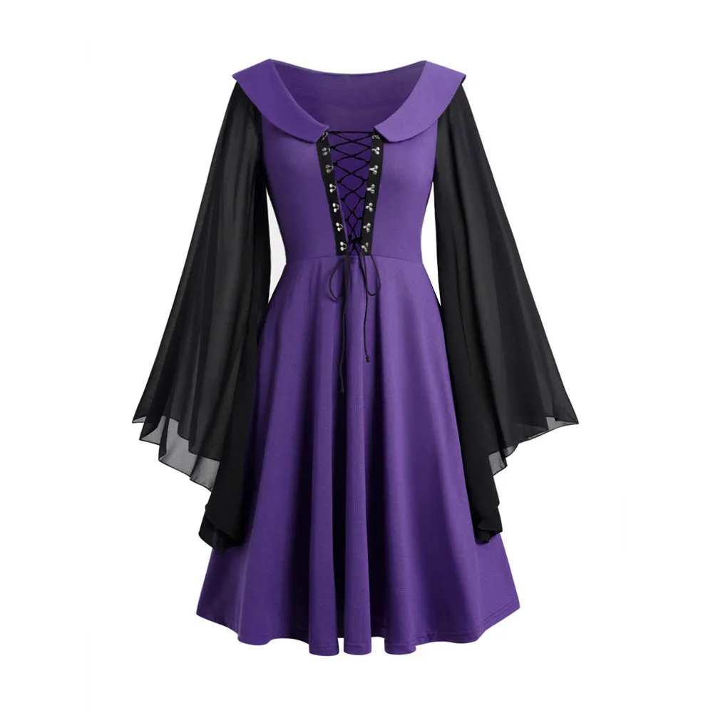 

Chiffon Long Flare Sleeve Mini Dress Goth Purple Black Color Lace Up Hasp Button High Waist Colorblock Dress Halloween Clothing
