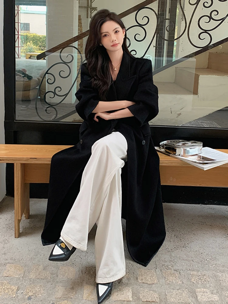 Huali двустороннее кашемировое пальто женское осенне-зимнее элегантное черное