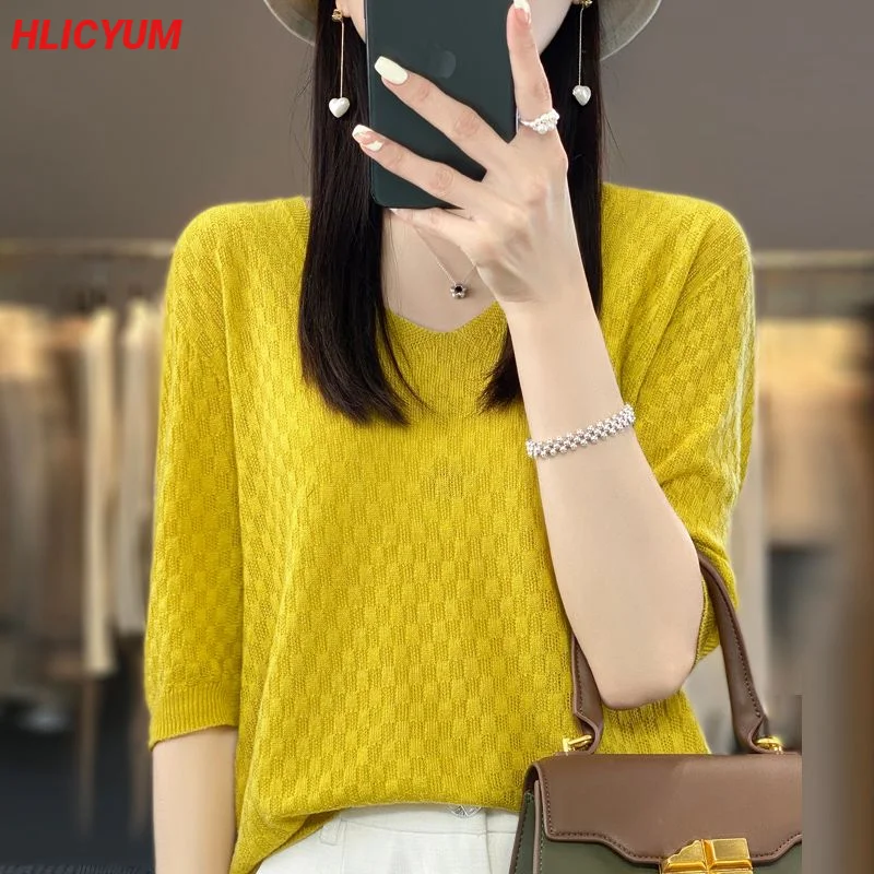 

Women's T-shirt summer new sweater short-sleeved casual knitwear V-neck ladies Tops Blouse Overside pullover Tees