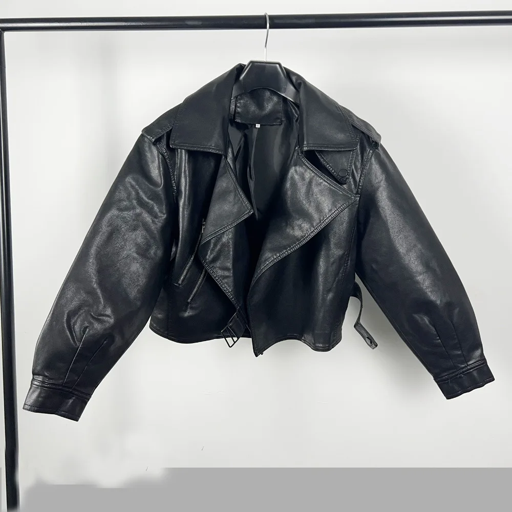 2023 spring new loose version of the sleeved leather jacket women's epaulettes coat motorcycle leather