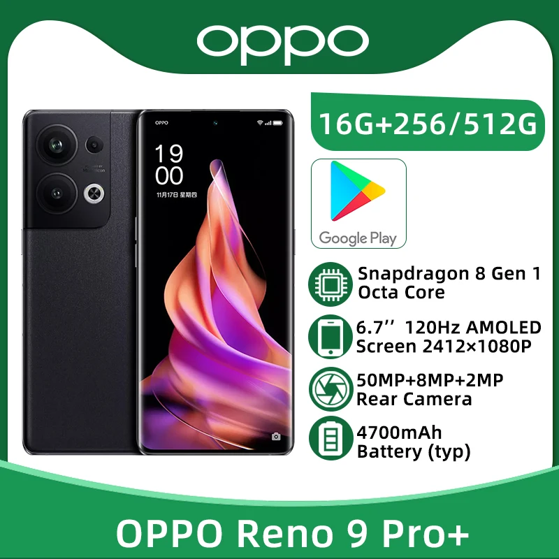 

OPPO Reno 9 Pro Plus 16 ГБ 256 ГБ 6,7-дюймовый AMOLED-экран с частотой 120 Гц Snapdragon 8 Gen 1 Octa Core 50MP Тройная камера 4700 мАч Аккумулятор