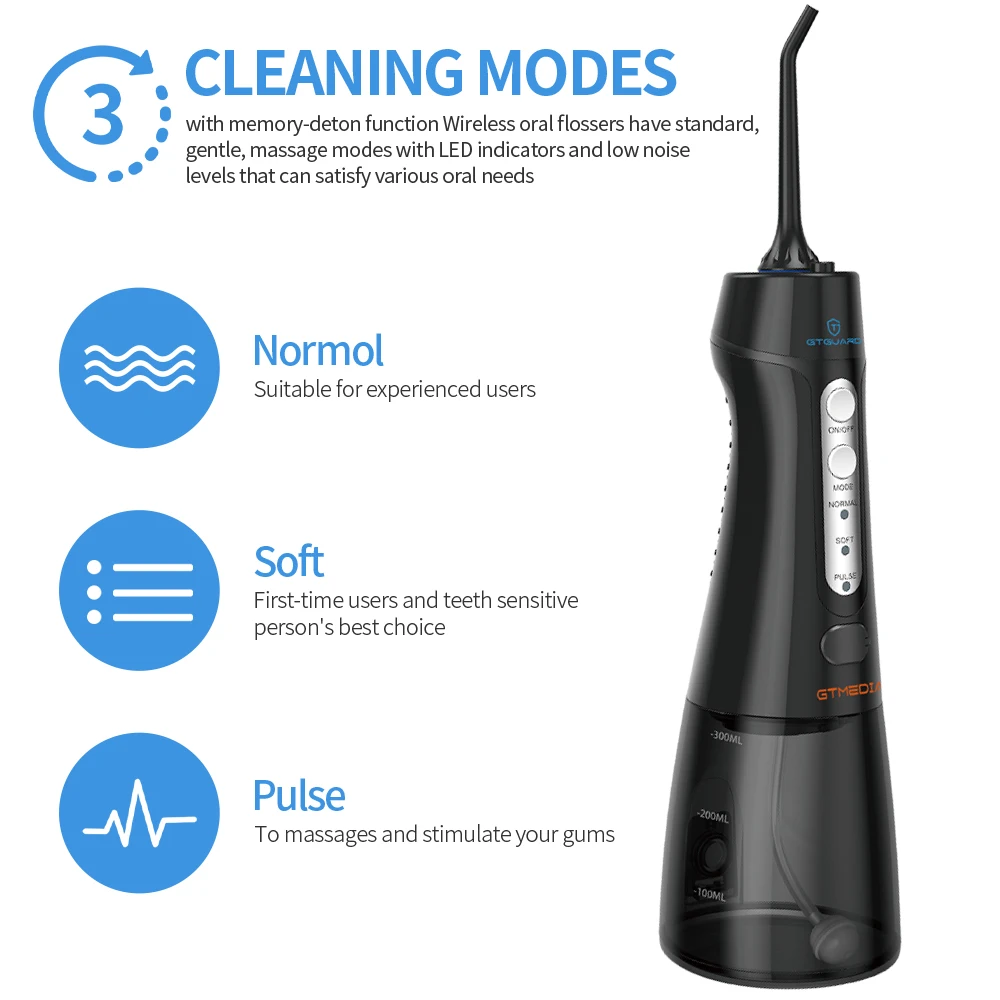 

USB rechargeable oral irrigator, 3 modes, portable dental floss, water spray, 300ml, dental cleaner + 5 nozzles