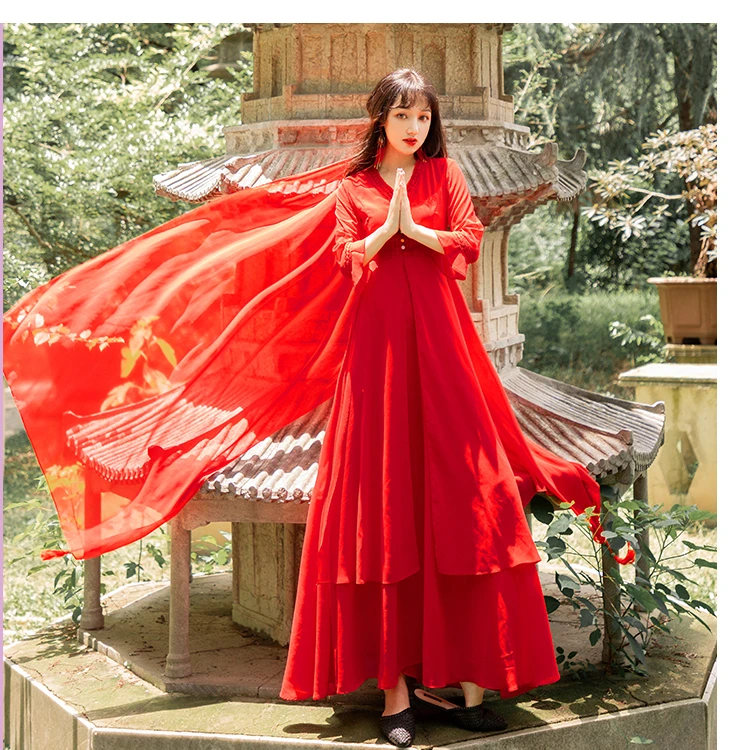 

Женское длинное платье в этническом стиле, летнее красное платье с высокой талией и V-образным вырезом для фотосъемки туризма и отпуска