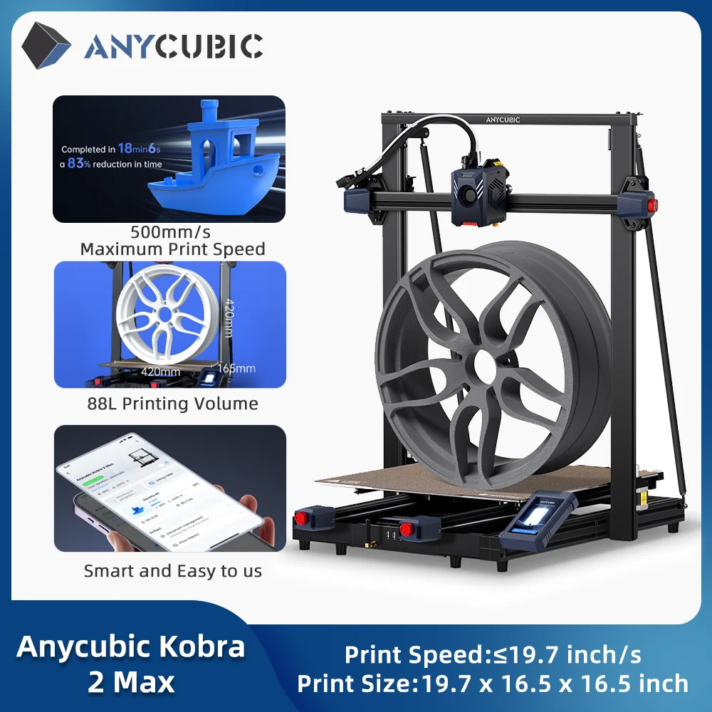 

3D-принтер ANYCUBIC Kobra 2 Max FDM с 19,7x16,5x16,5 дюйма, большой размер печати 19,7 дюймов/с, быстрая скорость печати