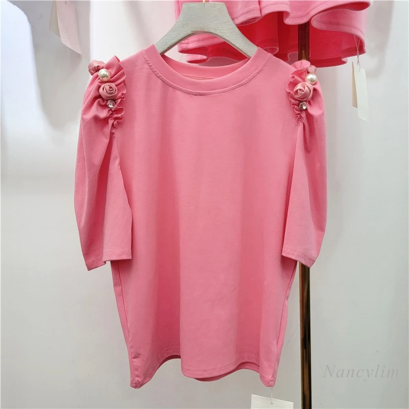 

Женская футболка с рукавами-фонариками, повседневная Универсальная футболка с трехмерными цветами розы, лето 2022