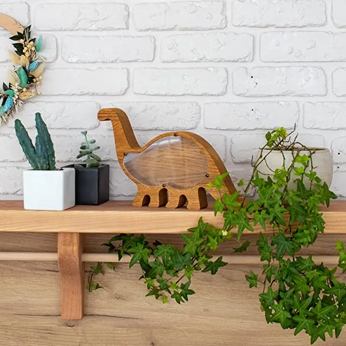 Копилка Динозавр из натурального дуба коробка для денег прозрачная