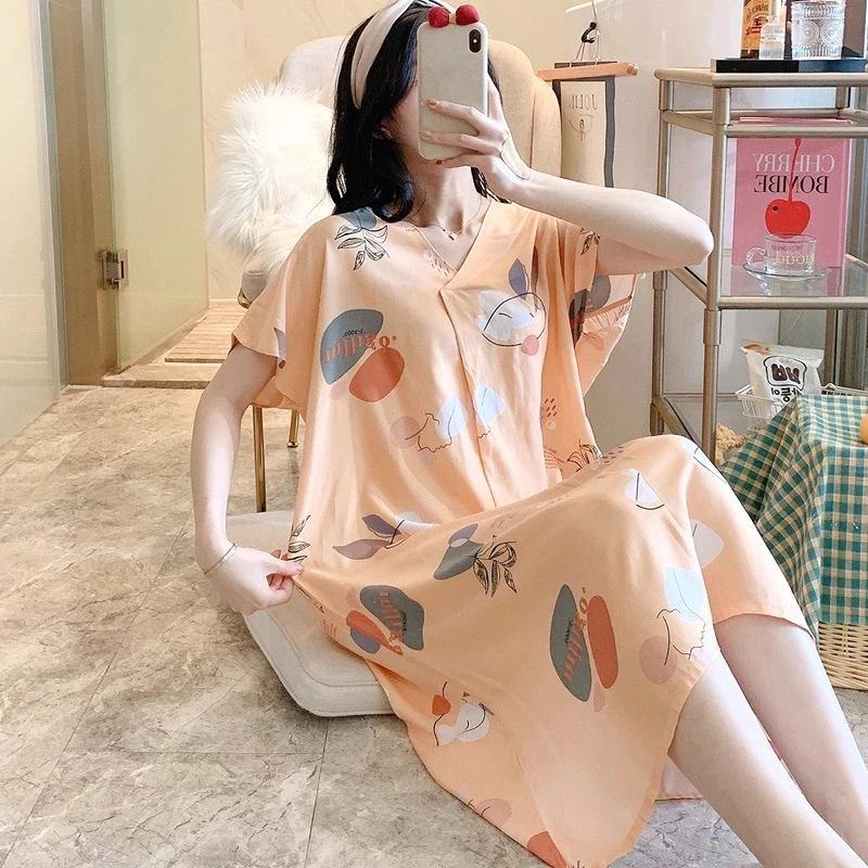 Floral Print Women Nightie Knee Length V Neck Short Sleeve Summer Thin Ladies Nightgowns Home Clothes Sleepwear for Female