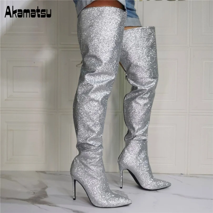 

Sliver Pointed Toe Knee Boots Back Zipper Sequined Cloth Thin High Heels Women Autumn Fashion Shoes 2023 Zapatos Para Mujere
