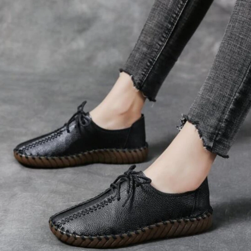 

Women Flats Genuine Leather Shoes Woman Moccasins Comfortable Lace-up Handmade White Summer Sneakers Ballet Ladies Shoes