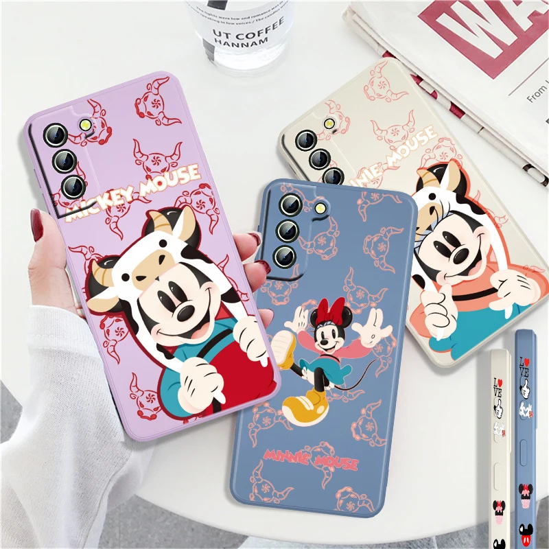 

Cute Disney Mickey Minnie For Samsung Galaxy S21 S22 Pro S20 FE S10 Note 20 10 Plus Lite Ultra Liquid Left Rope TPU Phone Case