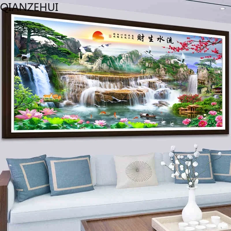 DIY 11CT Печатная проточная вода богатство геомантическая полная вышивка в гостиной