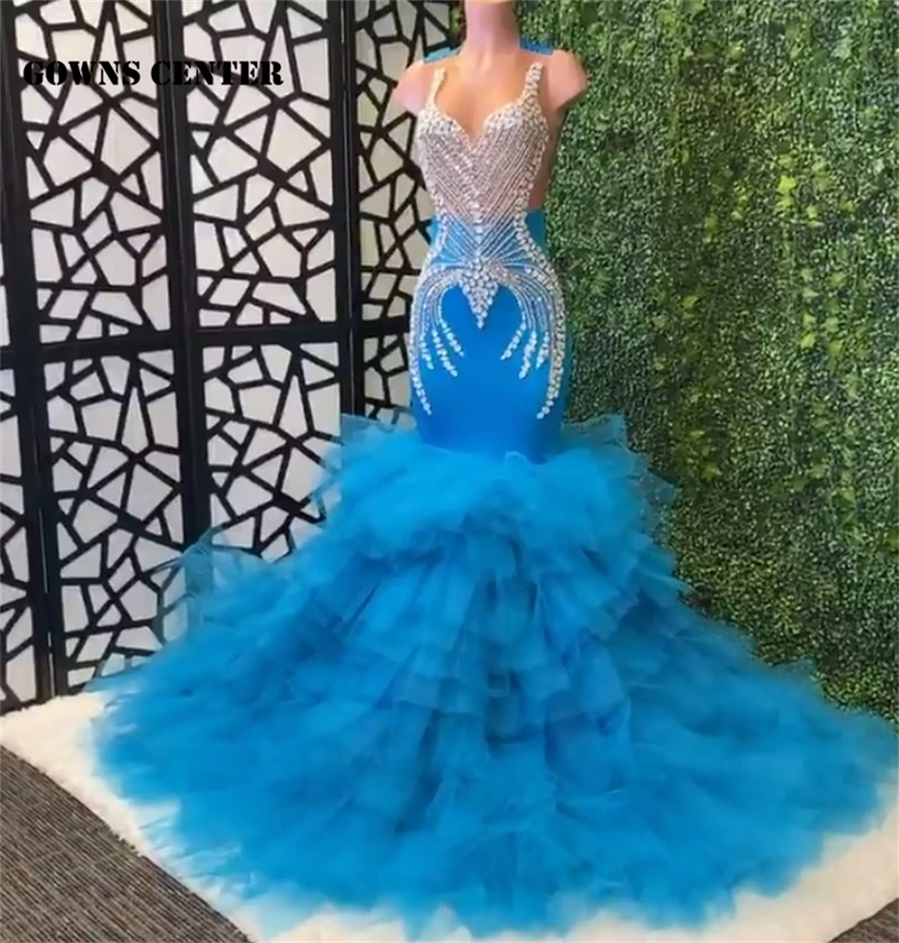 

Elegant Silver Crustal Beading Blue Prom Dress Luxury Mermaid Gala Dresses Elegant Evening Party Black Girls Tulle Train Wedding