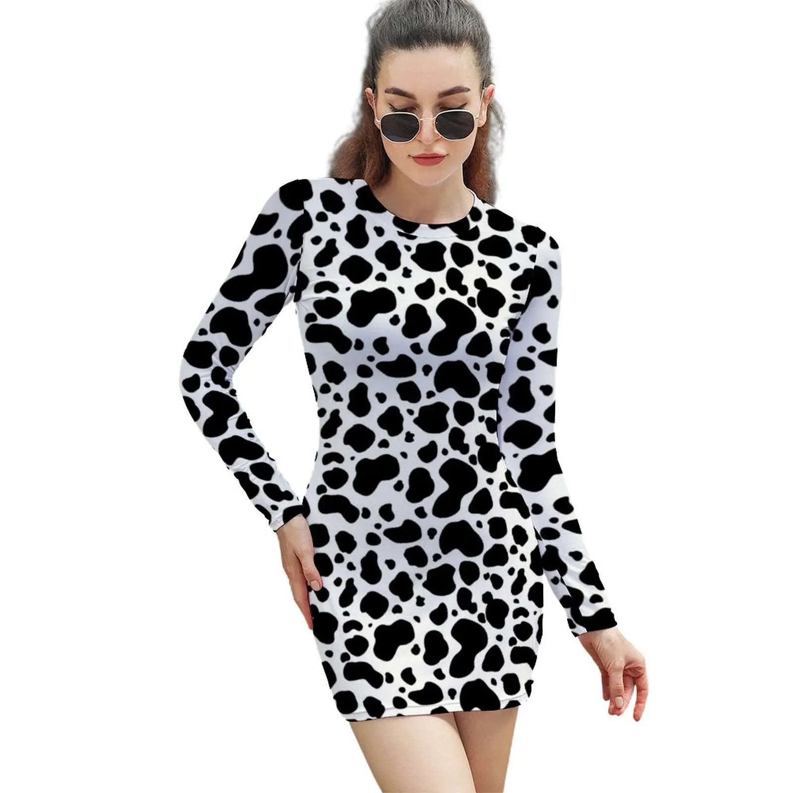 

Farm Animal Print Bodycon Dress Ladies Black White Cow Spots Trendy Dresses Spring Long Sleeve Street Style Dress Large Size