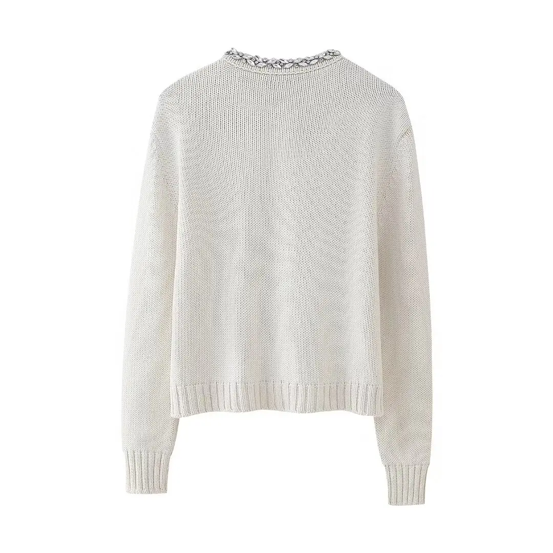 Женский однобортный Кардиган с жемчугом круглым вырезом