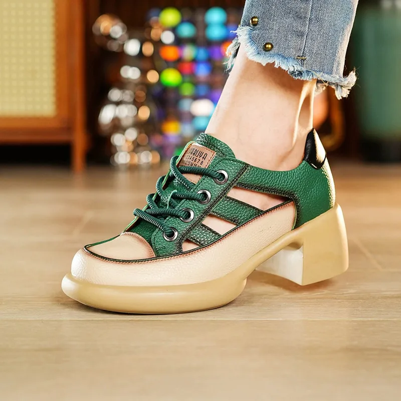 Sandals Women's Genuine Leather 2023 New High Heeled British Style Openwork Casual Single Shoes Roman Luxury Women's Sandals