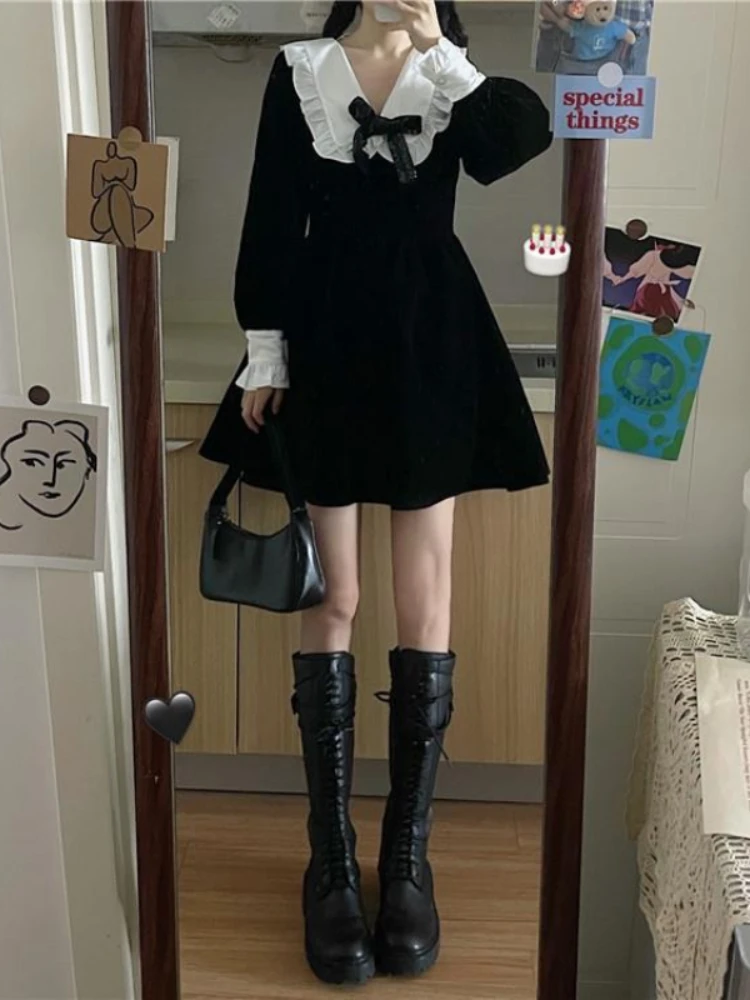 

Kawaii Bow Dress Women Japanese Preppy Style Long Sleeve Mini Dresses Black Goth Vintage Lolita Outfits Sweet Streetwear