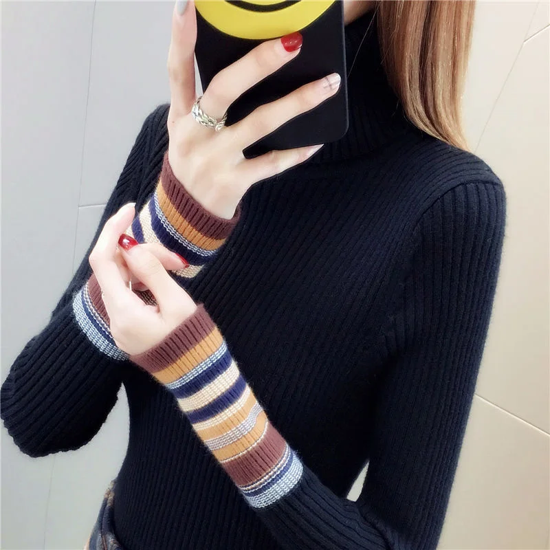 

Elastic Sweaters Long-Sleeve Female Pullovers Turtleneck Winter Autumn Women Clothes Jumper Streetwear Knitted Tops Black Red S