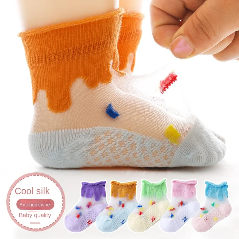 

Детские носки, летние ультратонкие сетчатые носки для девочек с кристаллами из ледяного шелка, Нескользящие цветные удобные чулки с закругленными краями