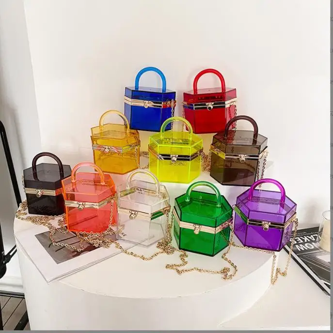 

2023 Everything female bag acrylic transparent personality bag hex handbag small box makeup bag