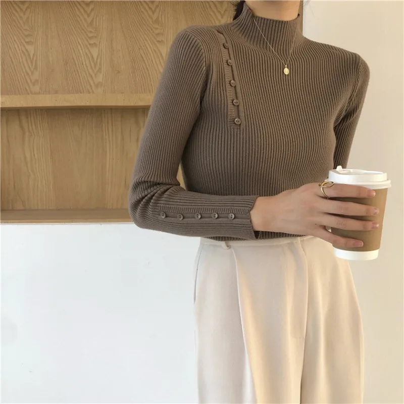 

Fashion Turtleneck Knitted Korean Beading Sweater Women's Clothing 2023 Autumn New Casual Pullovers Loose All-match Warm Tops